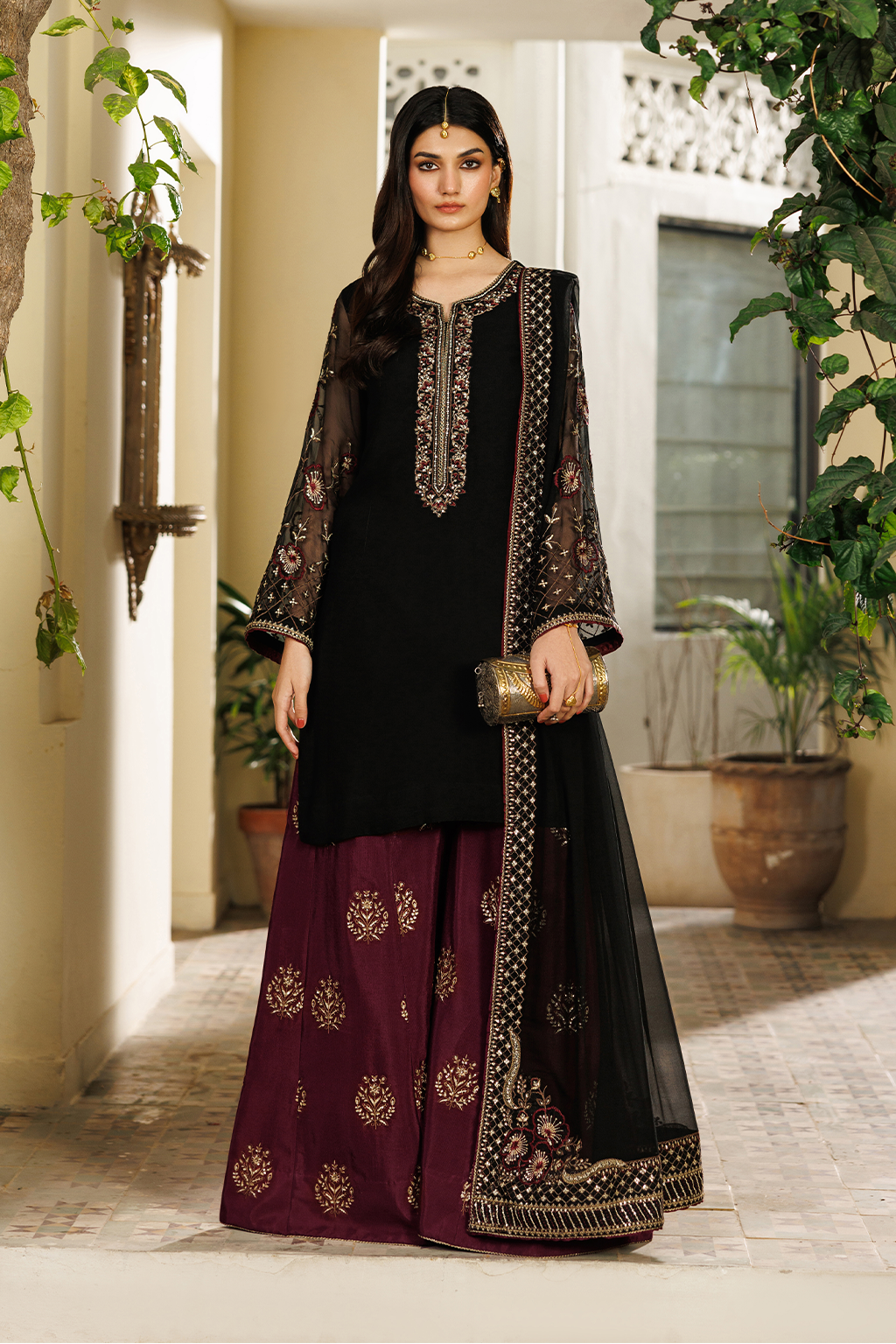 green emerald velvet dress Bina Black Chiffon heavy embroidered Maxi 3 piece ready to wear tradit –  PanjRang London main image 0