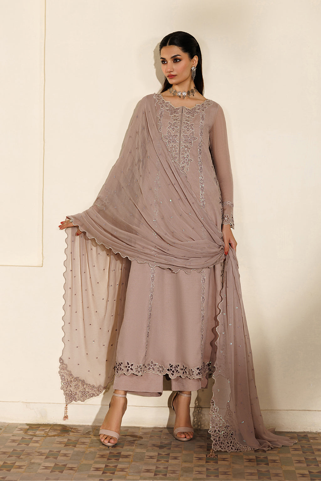 Tea-Pink Embroidered Luxury Chiffon Dress | Semi Formals By Iznik Tea-Pink Embroidered Luxury Chiffon Dress | Semi Formals By Iznik