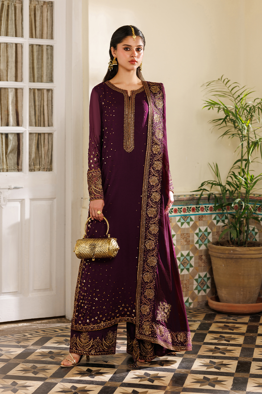 Plum Embroidered Luxury Chiffon Dress | Semi Formals By Iznik
