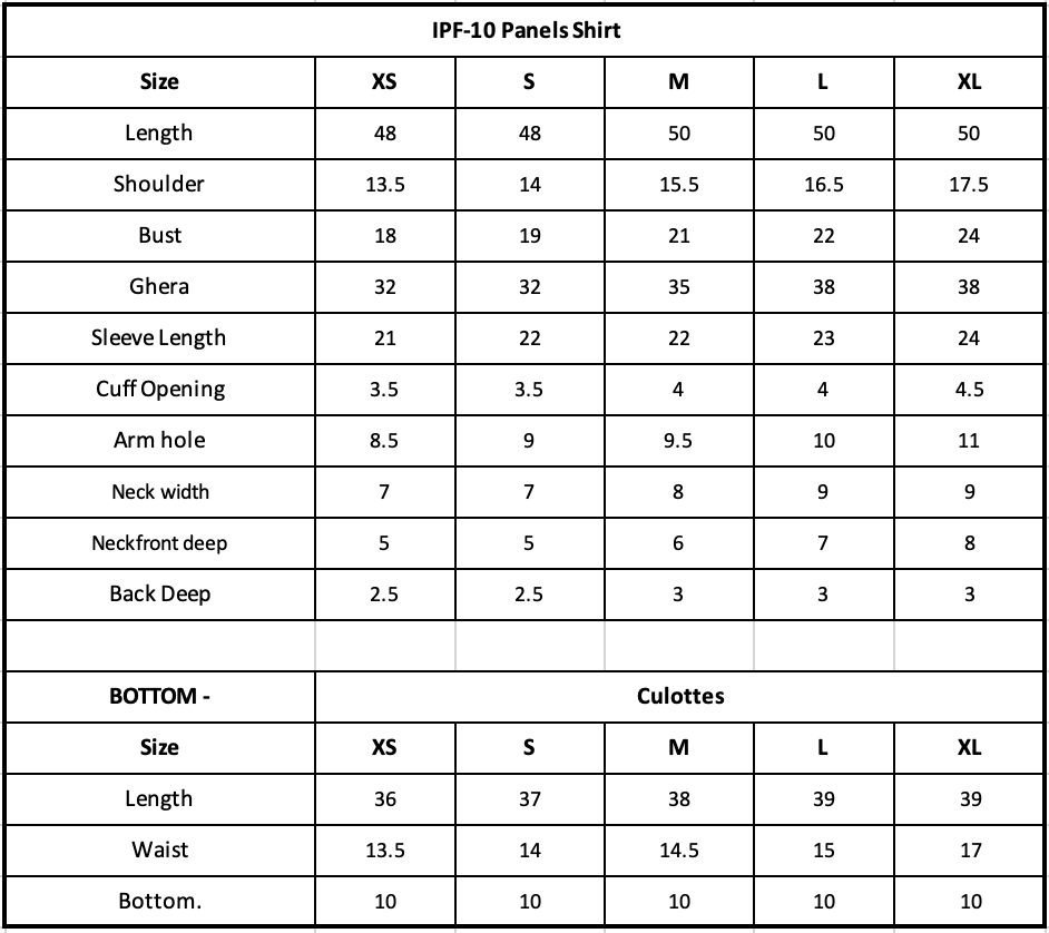 IPF-10  Embroidered Printed Linen Size Chart