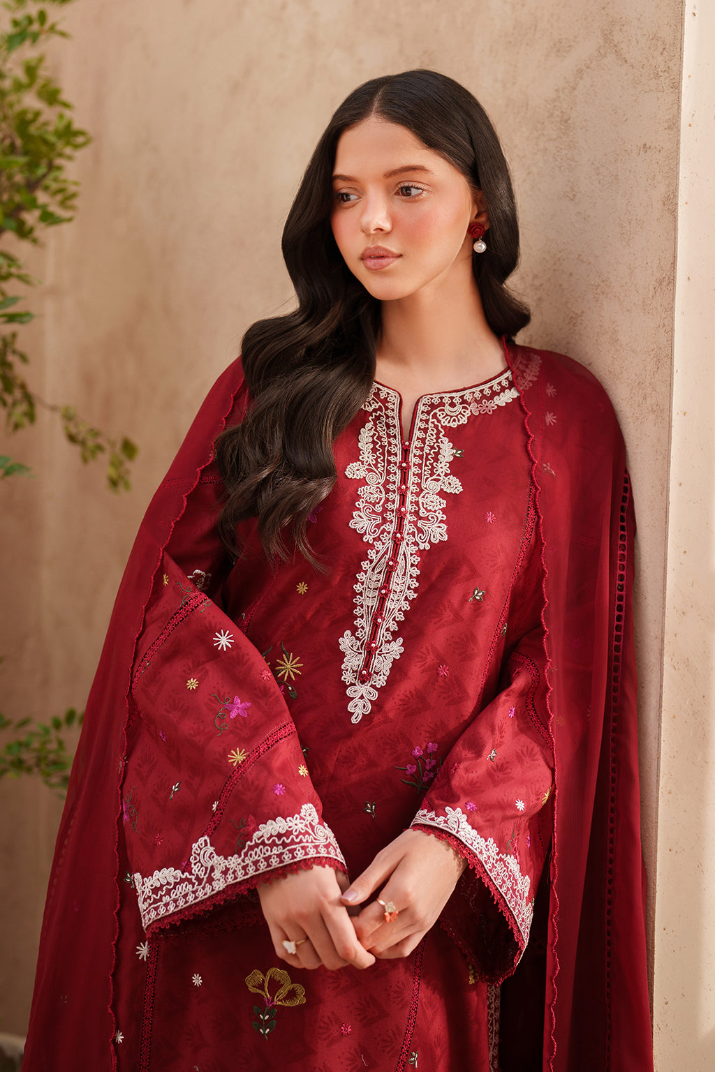 red lawn dress Embroidered Red Stitched Suit