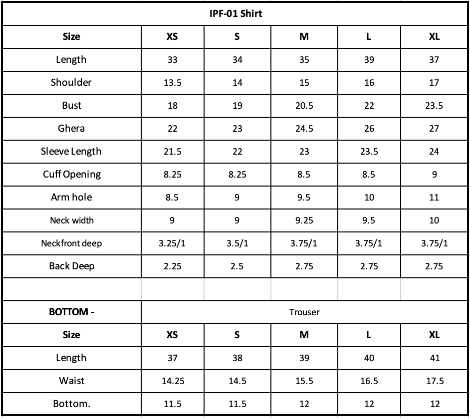 IPF-01 Embroidered Printed Linen Size Chart