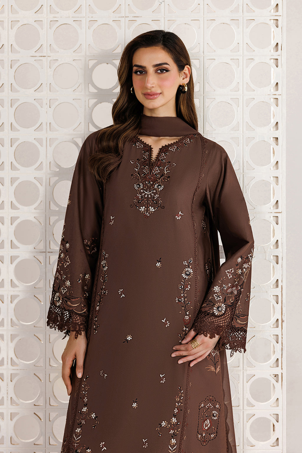 Brown Embroidered Lawn dress