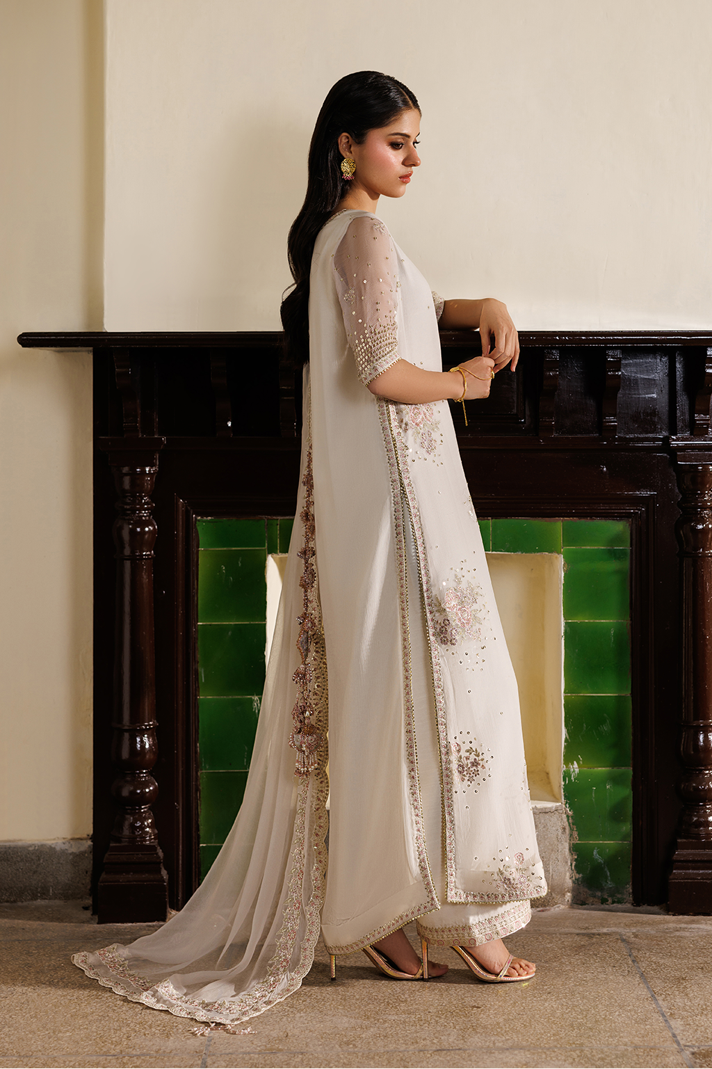 Pearl White Embroidered Luxury Chiffon Dress