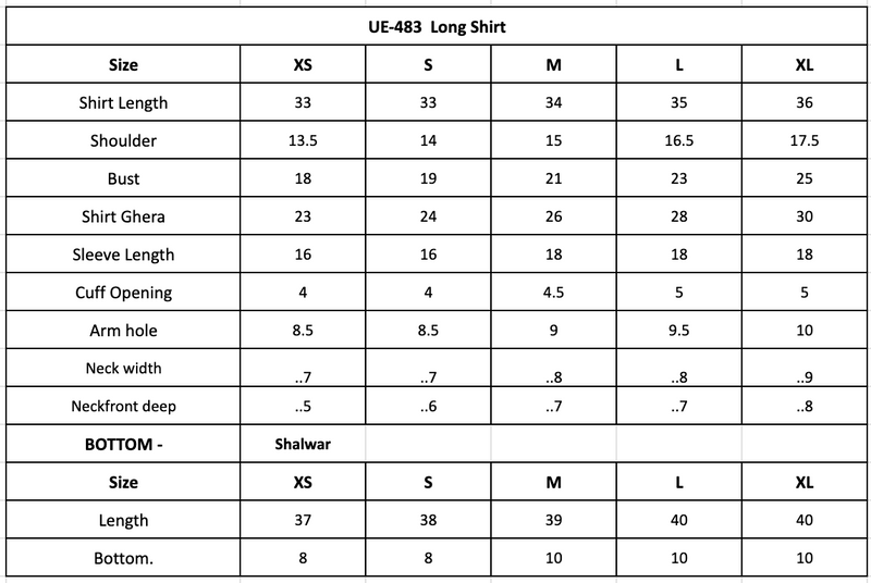 UE-483 Embroidered Lawn Size Chart