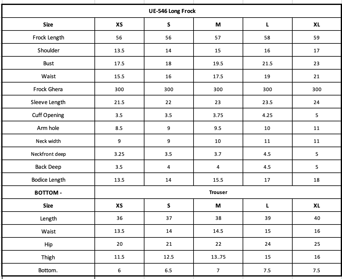 UE-546 Embroidered Chiffon Size Chart