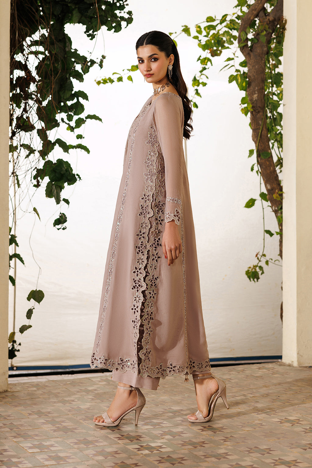 Tea-Pink Embroidered Luxury Chiffon Dress