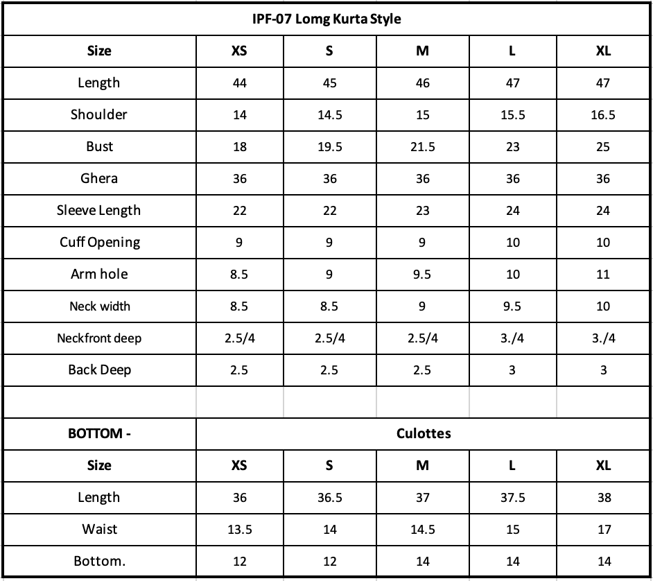 IPF-07  Printed Viscose Linen Size Chart