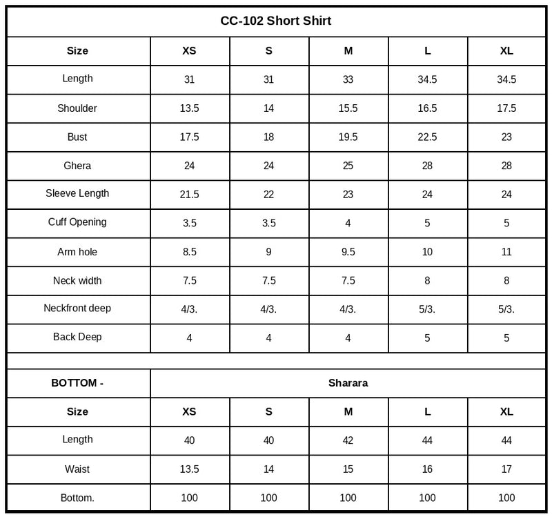 CC-102 Embroidered Chiffon Size Chart