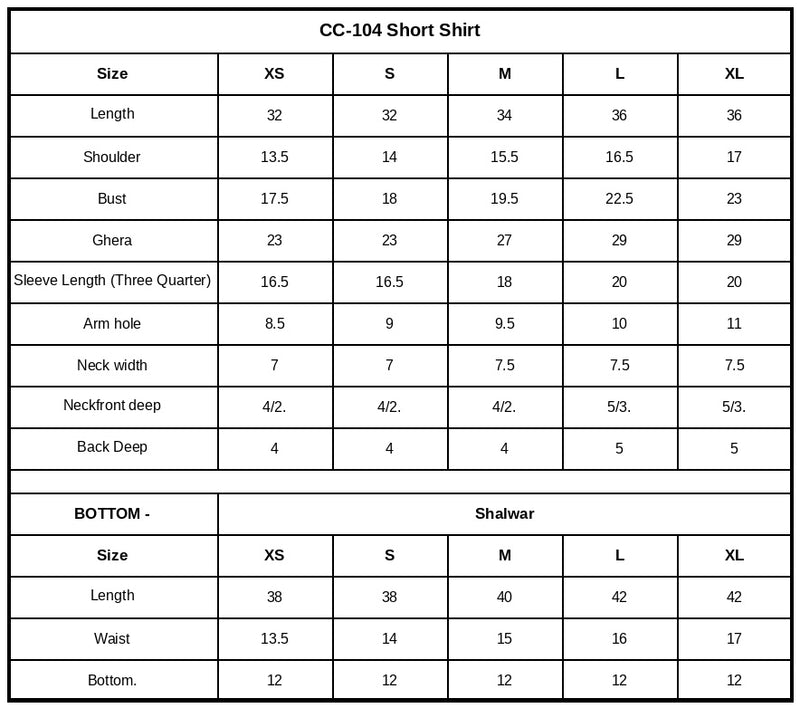 CC-104 Embroidered Chiffon Size Chart