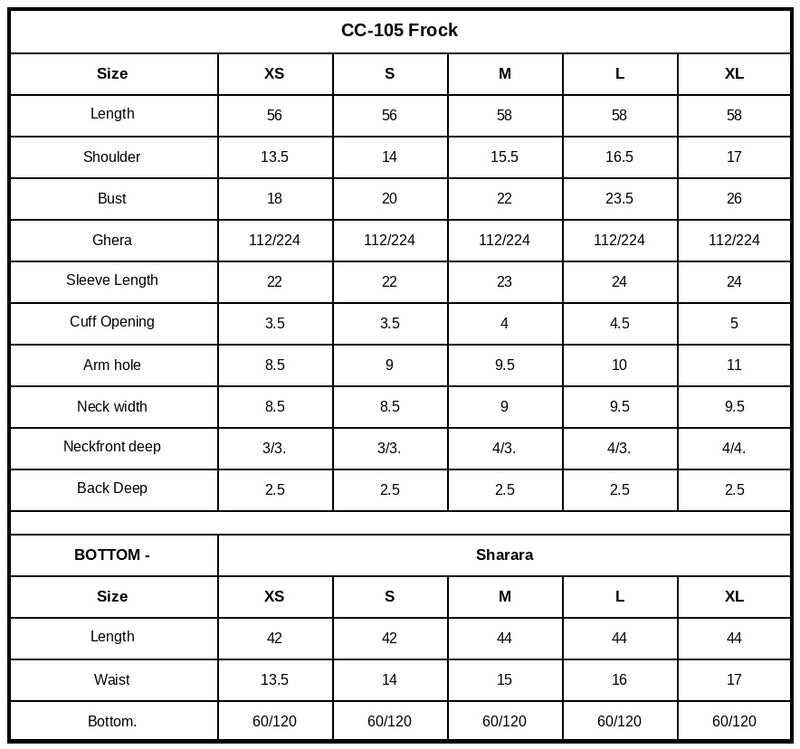 CC-105 Embroidered Chiffon Size Chart