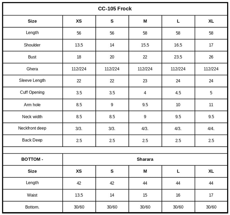 CC-105 Embroidered Chiffon Size Chart