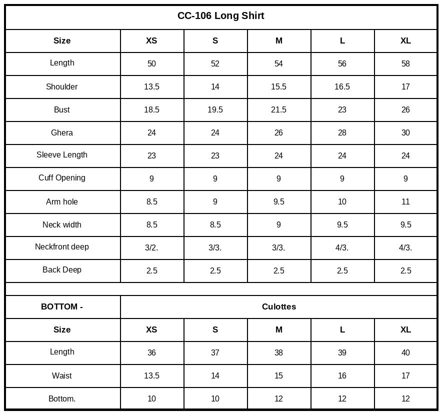 CC-106 Embroidered Chiffon Size Chart
