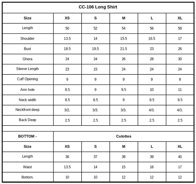 CC-106 Embroidered Chiffon Size Chart