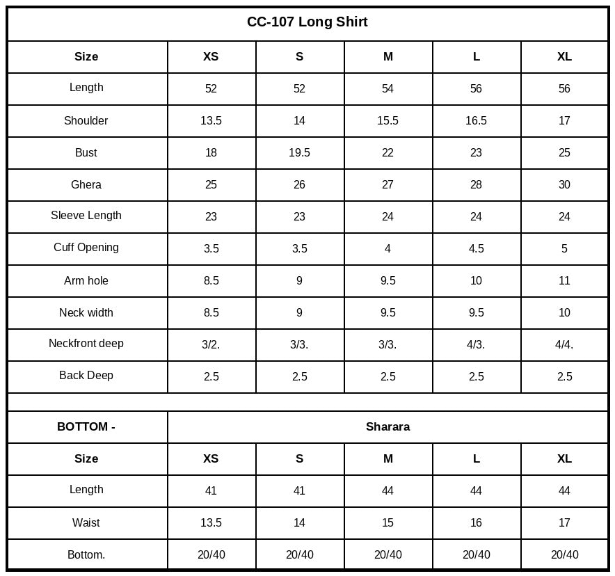 CC-107 Embroidered Chiffon Size Chart