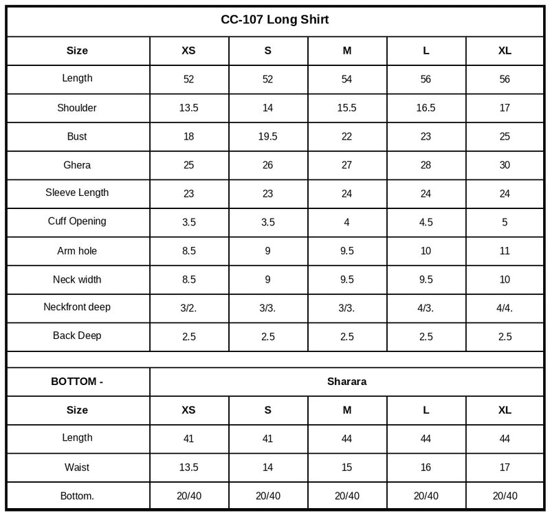 CC-107 Embroidered Chiffon Size Chart