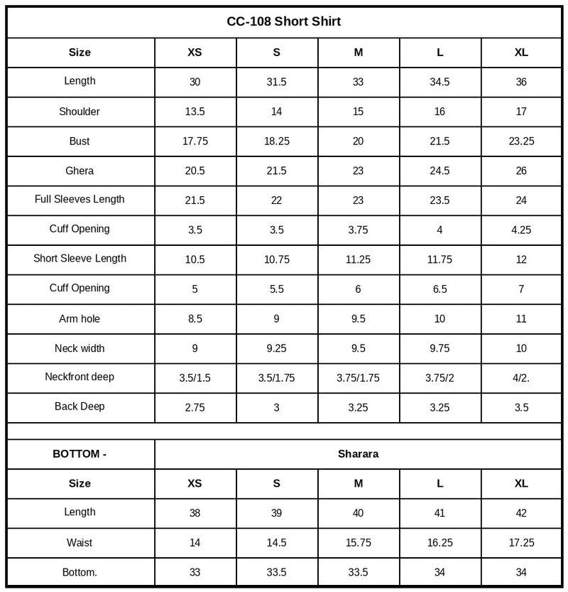 CC-108 Embroidered Chiffon Size Chart