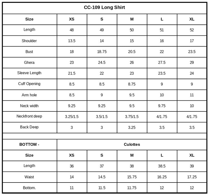 CC-109 Embroidered Chiffon Size Chart