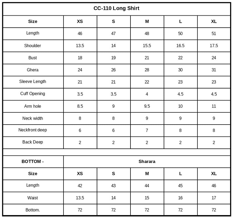 CC-110 Embroidered Chiffon Size Chart