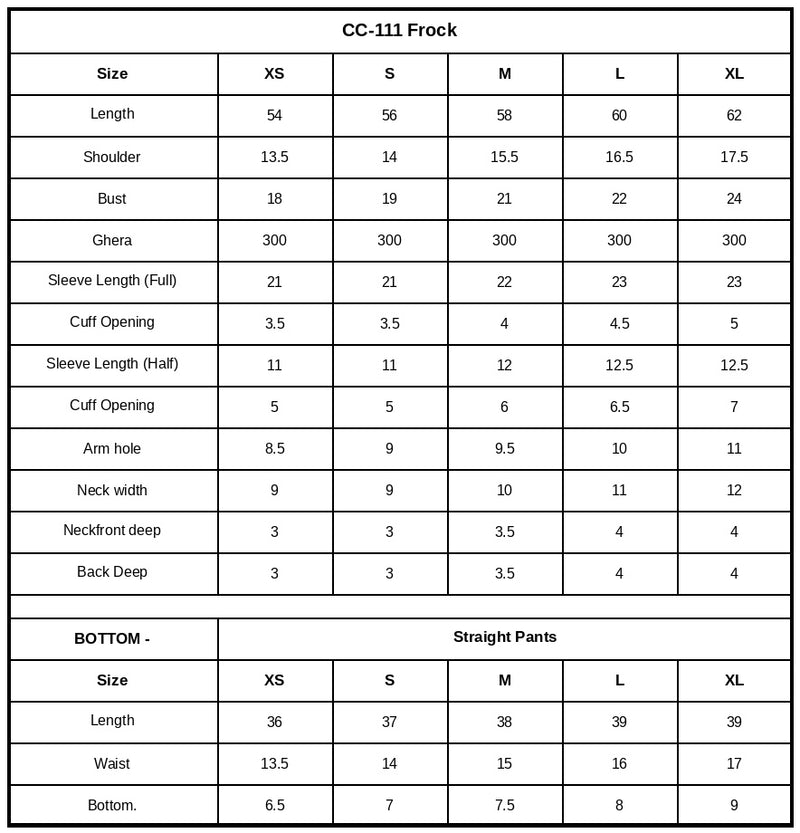 CC-111 Embroidered Chiffon Size Chart
