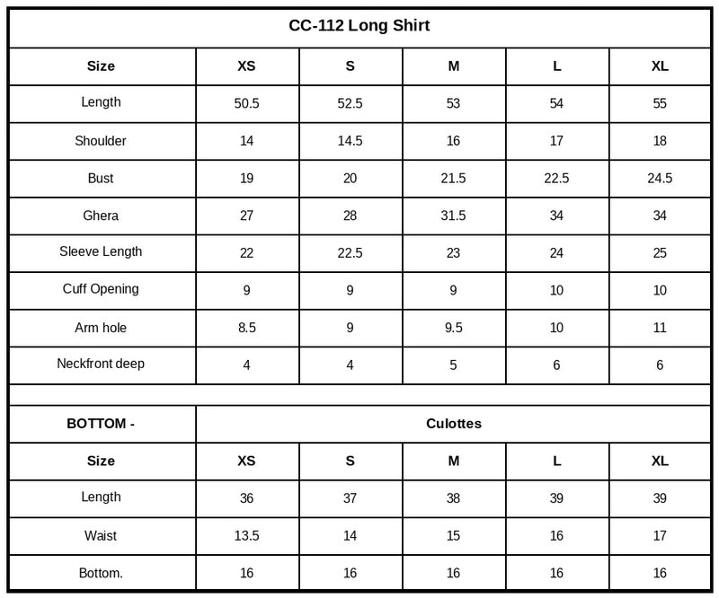 CC-112 Embroidered Chiffon Size Chart