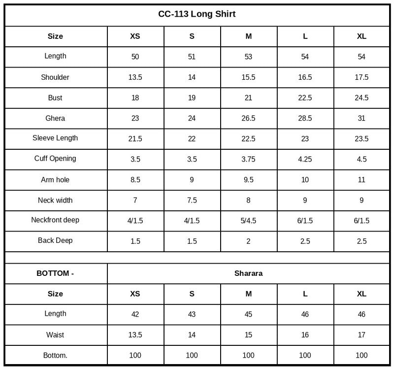 CC-113 Embroidered Chiffon Size Chart
