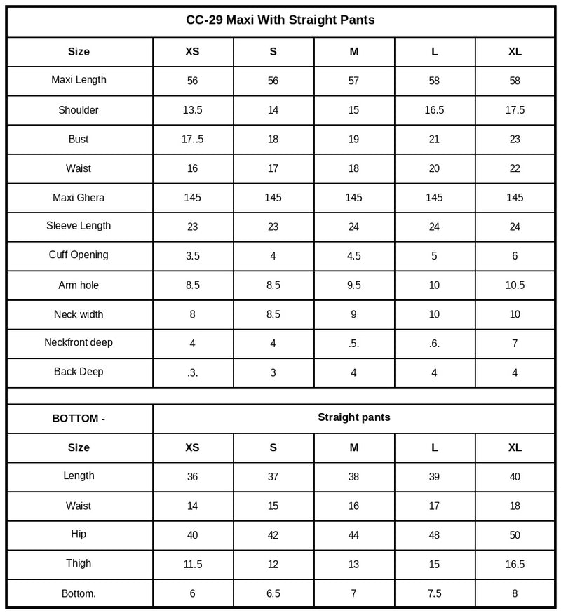 CC-29 Rosalie Size Chart