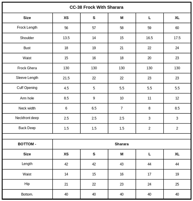 CC-38 Izara Size Chart