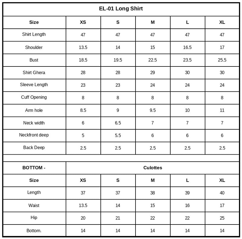 EL-01 Embroidered Lawn Size Chart