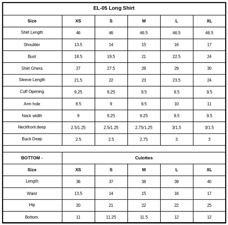 EL-05 Embroidered Lawn Size Chart