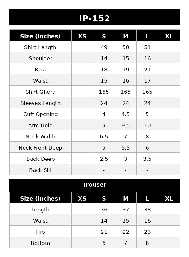 IP-152 - Jasper Size Chart