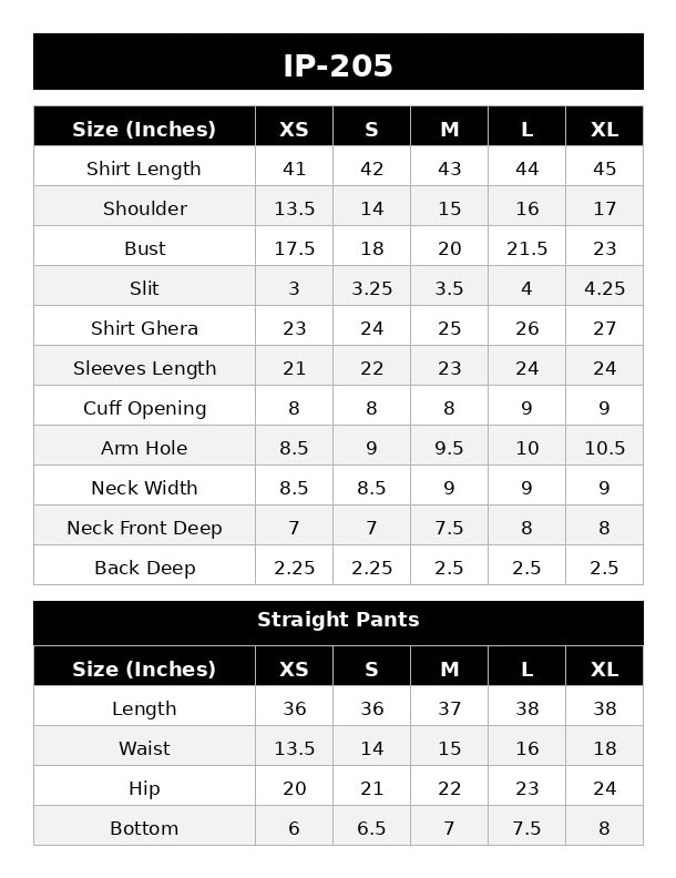 IP-205 Embroidered Lawn Size Chart