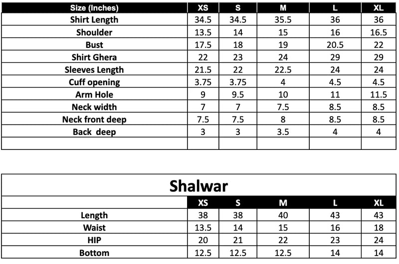 IP-262 Printed Khaddar Size Chart