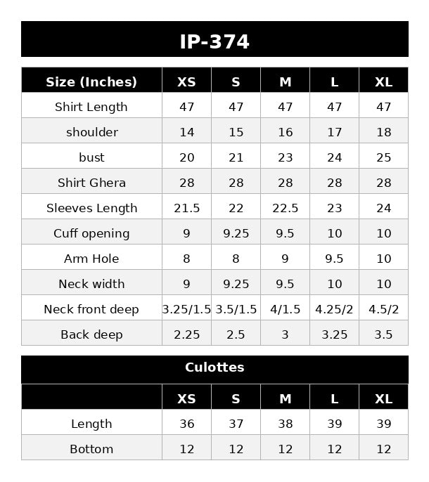 IP-374 DYED LAWN Size Chart