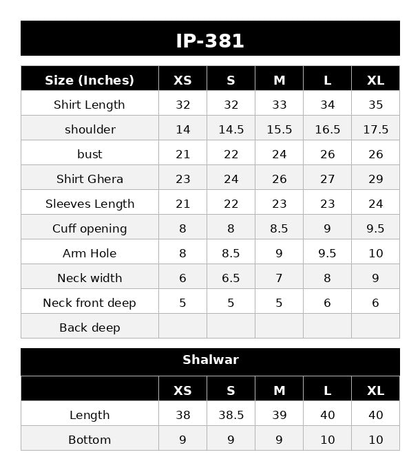 IP-381 PRINTED LAWN Size Chart