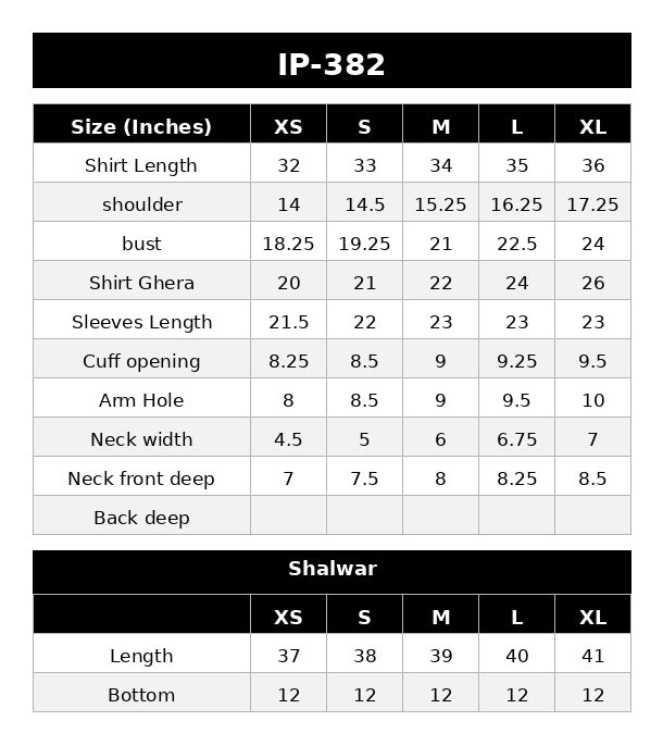 IP-382 PRINTED LAWN Size Chart