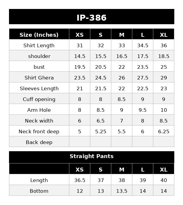 IP-386 PRINTED LAWN Size Chart