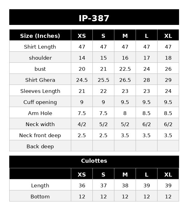 IP-387 PRINTED LAWN Size Chart