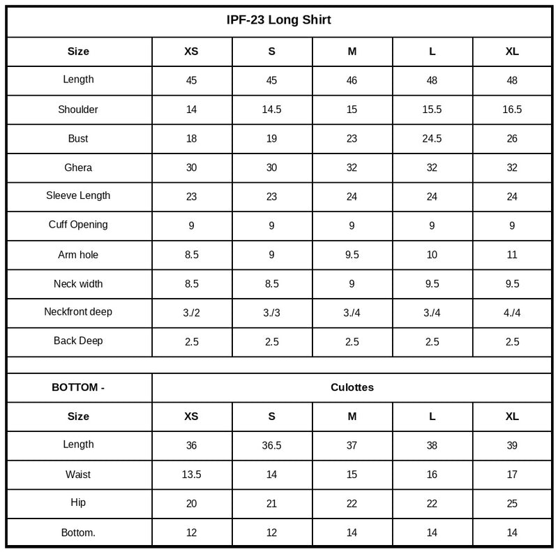 IPF-23 Embroidered Printed Viscose Linen Size Chart