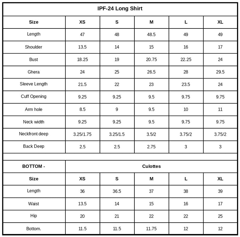 IPF-24 Embroidered Printed Viscose Linen Size Chart