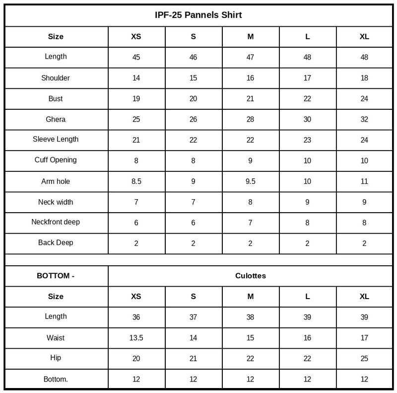 IPF-25 Embroidered Printed Viscose Linen Size Chart