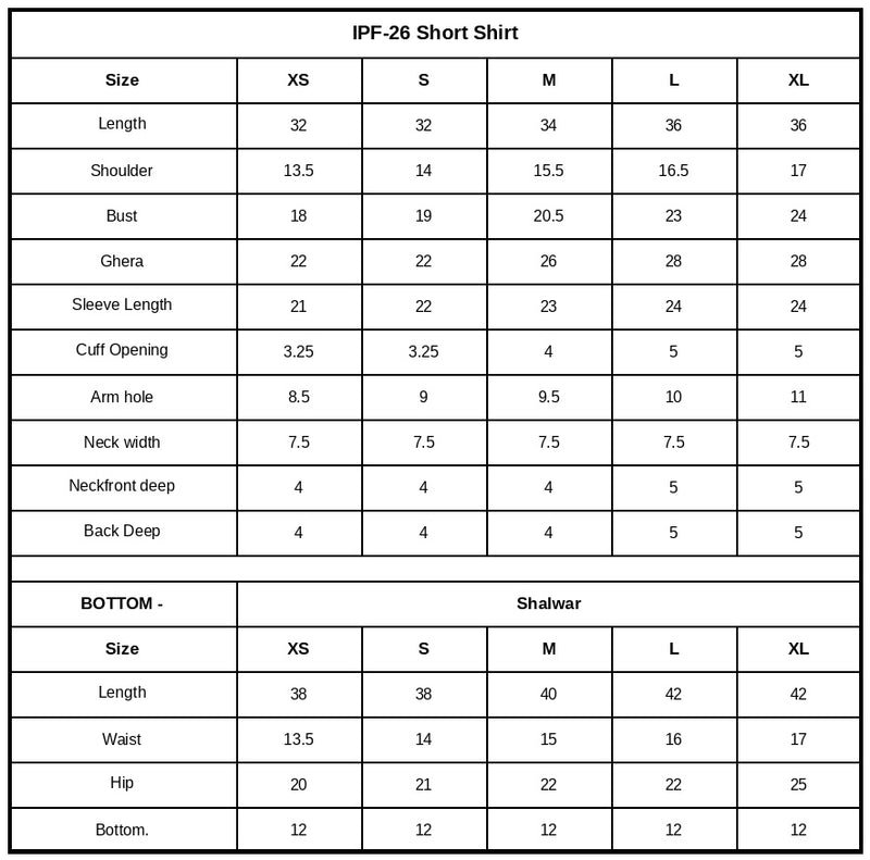 IPF-26  Embroidered Printed Viscose Linen Size Chart