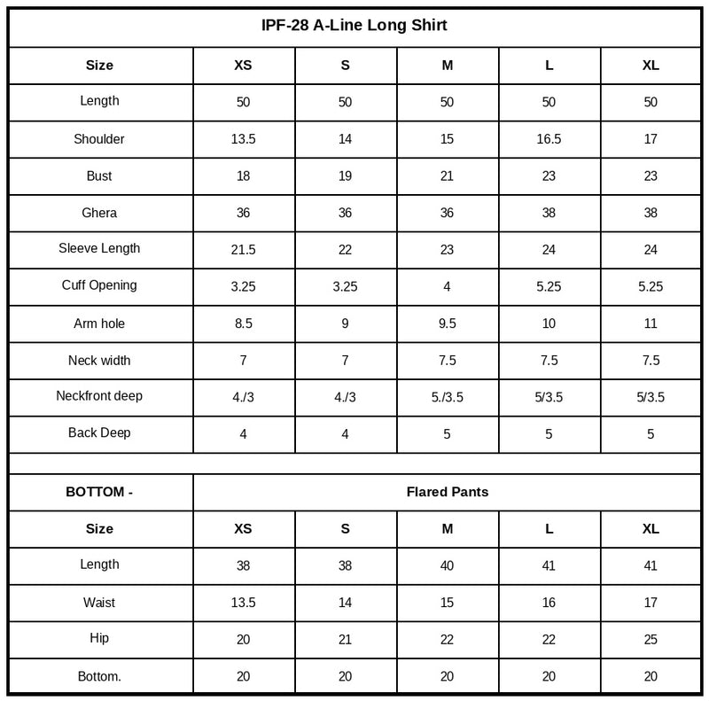 IPF-28  Embroidered Printed Viscose Linen Size Chart