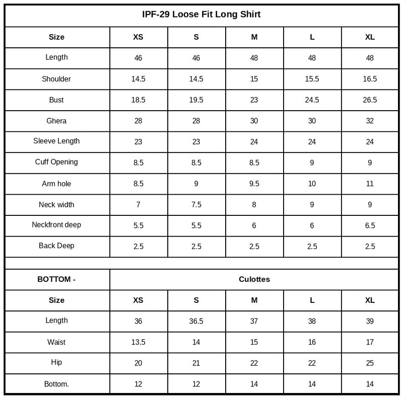 IPF-29  Embroidered Printed Viscose Linen Size Chart