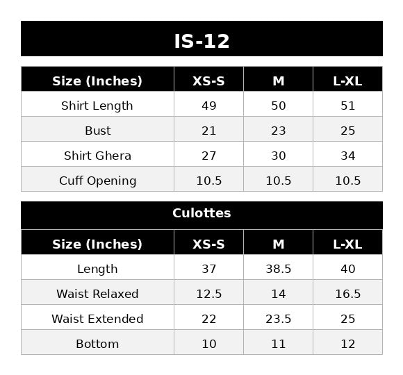IS-12 Onyx Size Chart
