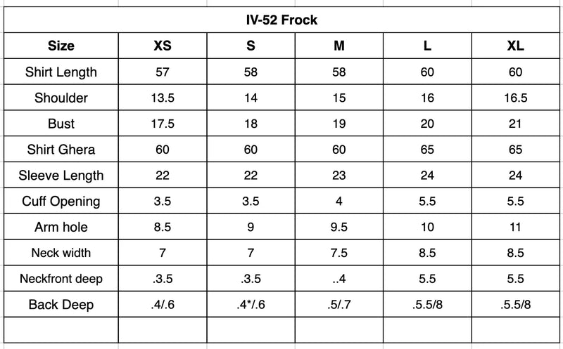 IV-52 Embroidered Velvet Size Chart