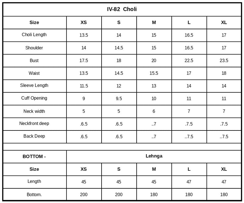 IV-82 Embroidered Velvet Size Chart