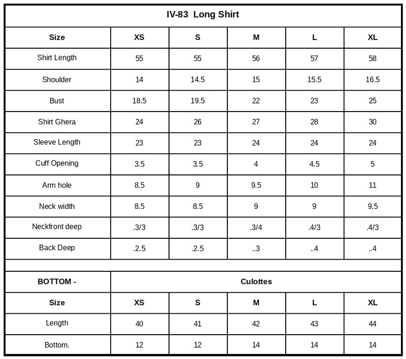 IV-83 Dyed Cosmos Silk Size Chart