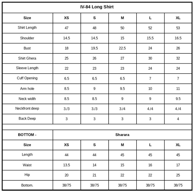 IV-84 Embroidered Velvet Size Chart