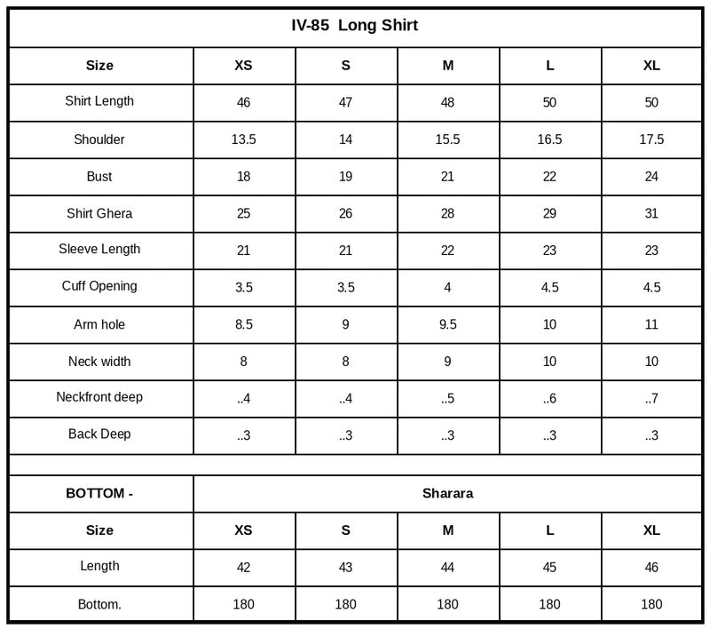 IV-85 Embroidered Velvet Size Chart